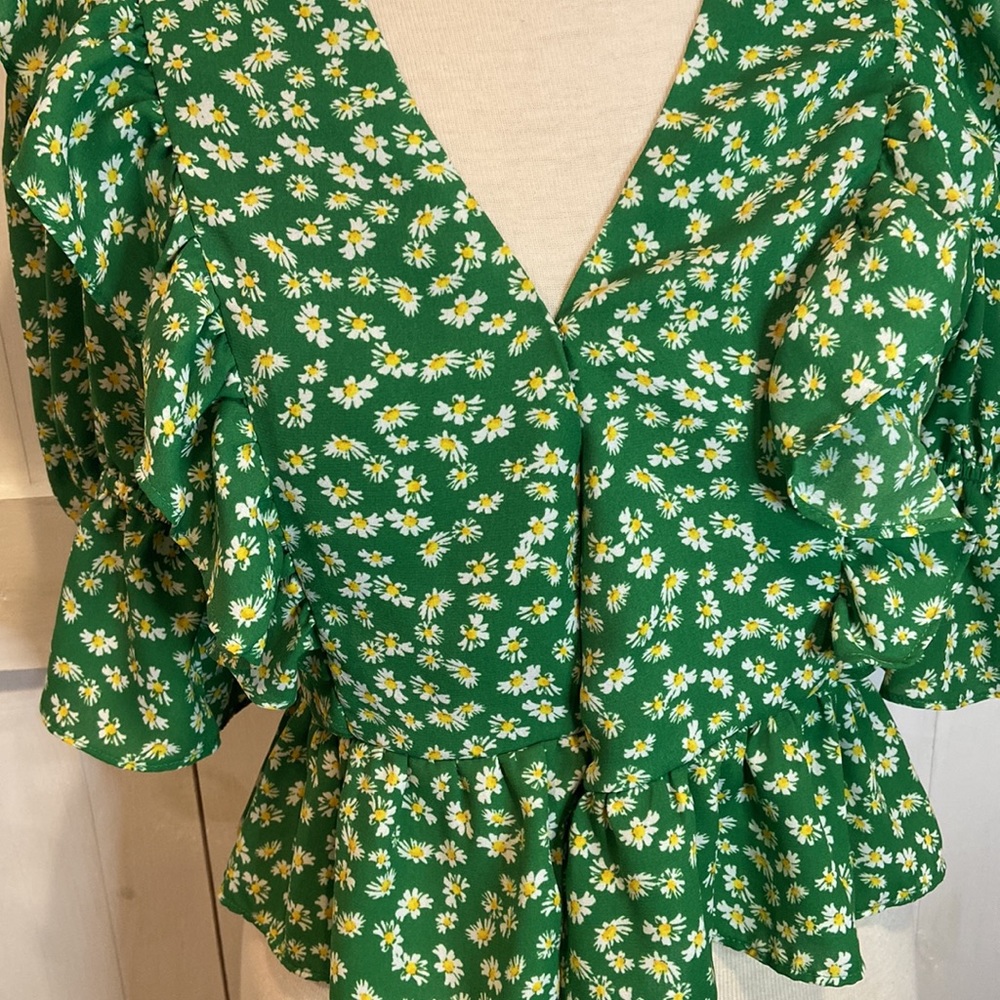 Wayf Green Floral Wraparound Dainty Ruffled Blouse - Picture 2 of 8